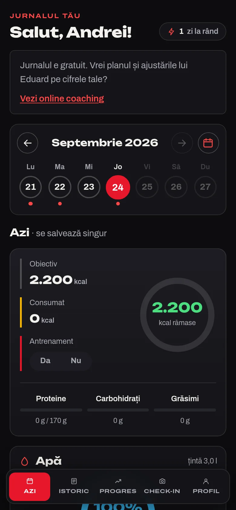 Ecranul „Azi” din Jurnalul EdiFit, pe telefon: obiectiv de calorii, macro și apă
